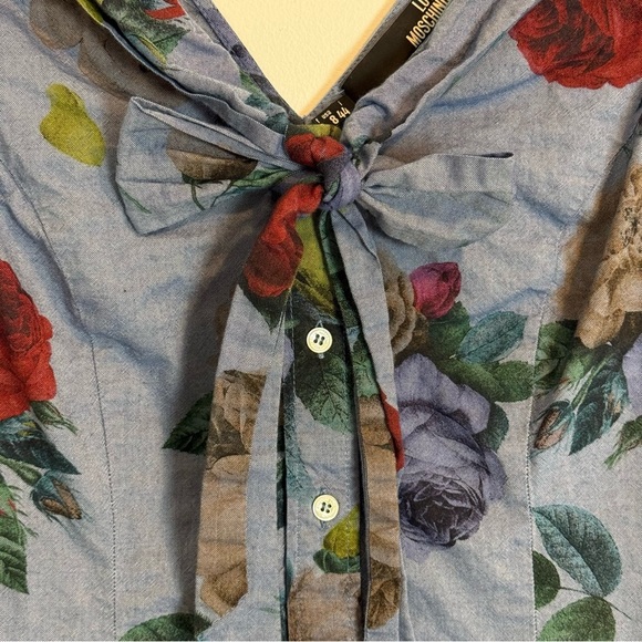 LOVE MOSCHINO BLUE COTTON FLORAL PRINT SLEEVELESS TOP BOW TIE BUTTON UP SZ 8 - Picture 2 of 8